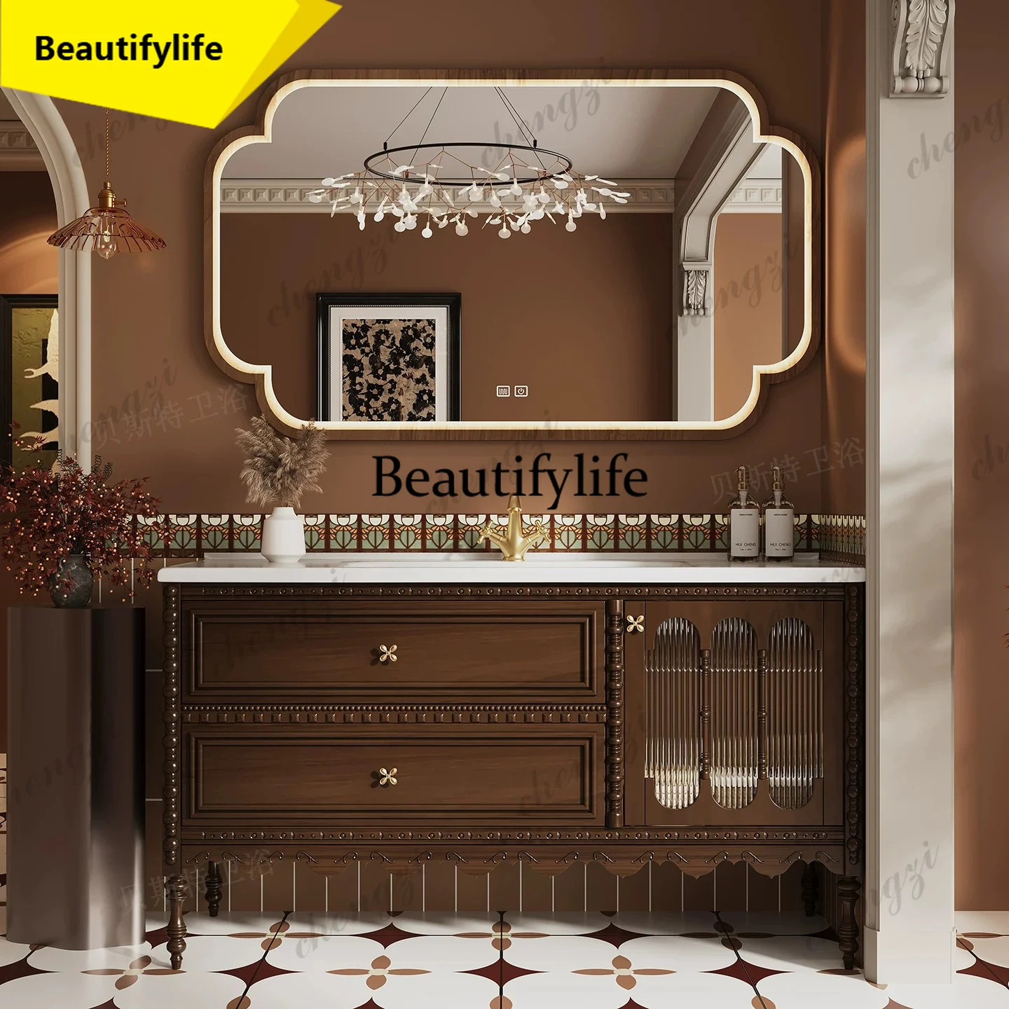 High-end original design oak bathroom cabinet combination floor-to-ceiling ceramic integrated basin washstand