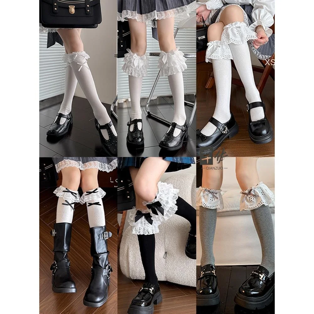 Lolita Style Half Tube Stockings Women's Cute Little Girl Bow Knot Lace Heavy Embroidery Mid-Calf Socks Summer Season