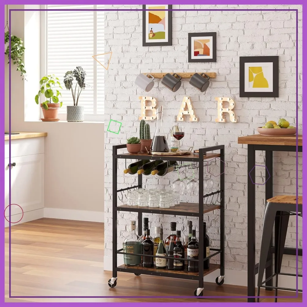 

Mobile Kitchen Cart with Wine Rack, Glass Holder, and Wheels for Home Bar or Microwave Stand