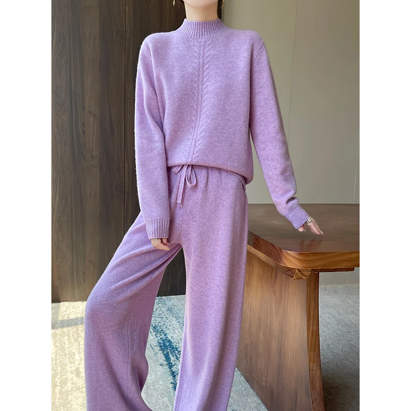 Women's 100% Merino Wool Two-piece Suit Mock Collar Pullover Sweater Straight Pants Set Autumn Winter Loose Comfortable Knitwear