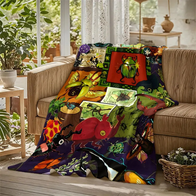 Beetle Insect Collage Flannel Blanket Perfect for Sofa Office Bed Travel Sleep Read Relax Camping Four Season Use