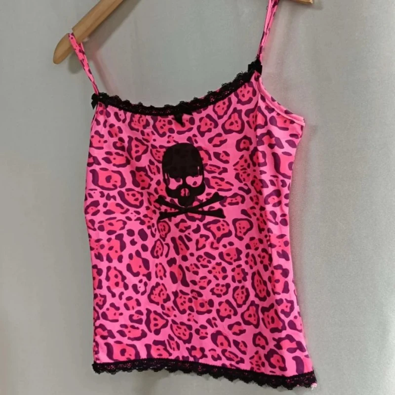 

Summer Vintage Leopard Skull Print Tank Tops Women Sexy Patchwork Lace Slim Fit Crop Tops Casual Y2k Harajuku Fashion Vest New