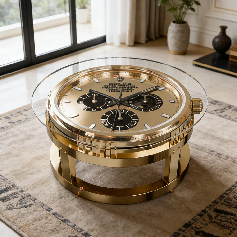 Modern Luxury Gold Watch Shape Coffee Table Fiberglass Round Glass Top Designer Center Desk For Living Room Furniture