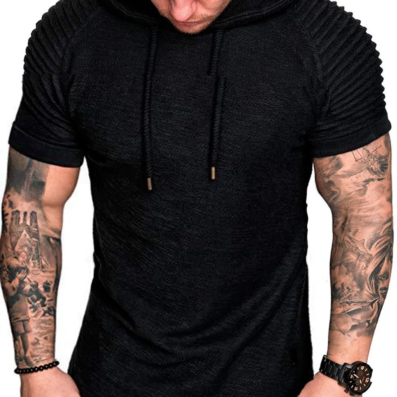 

New men's casual and fashionable solid color hooded T-shirt, men's wrinkled casual sports short sleeved T-shirt