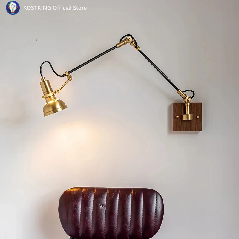 Designer Copper Wall Lamp 360 Degree Adjustable Bedside Reading Wall Lights Rotating Arm Restaurant Bedroom Industrial Style