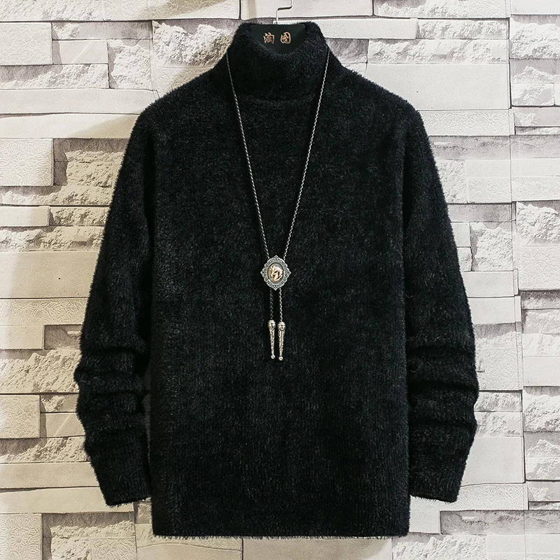 

Trendy Japanese Lazy Retro Large Size Knitted Sweater High Collar Mink Velvet Men's Base Layer Pure Color Casual Loose Fit