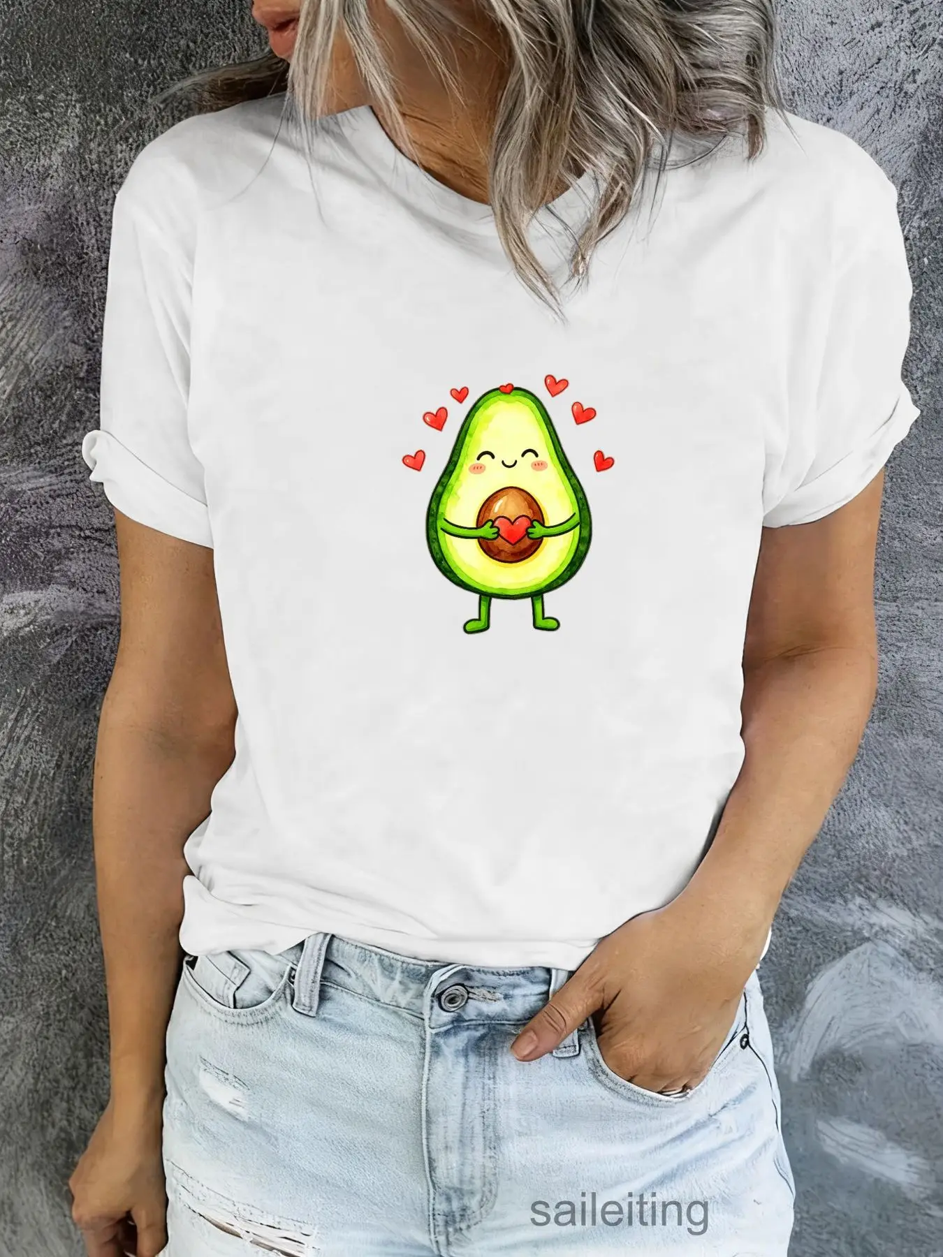 Cute Cartoon Avocado Hugging Pit with Hearts Short Sleeve T-Shirt for Women Men - Soft Breathable Summer Casual Tee, Funny Fr