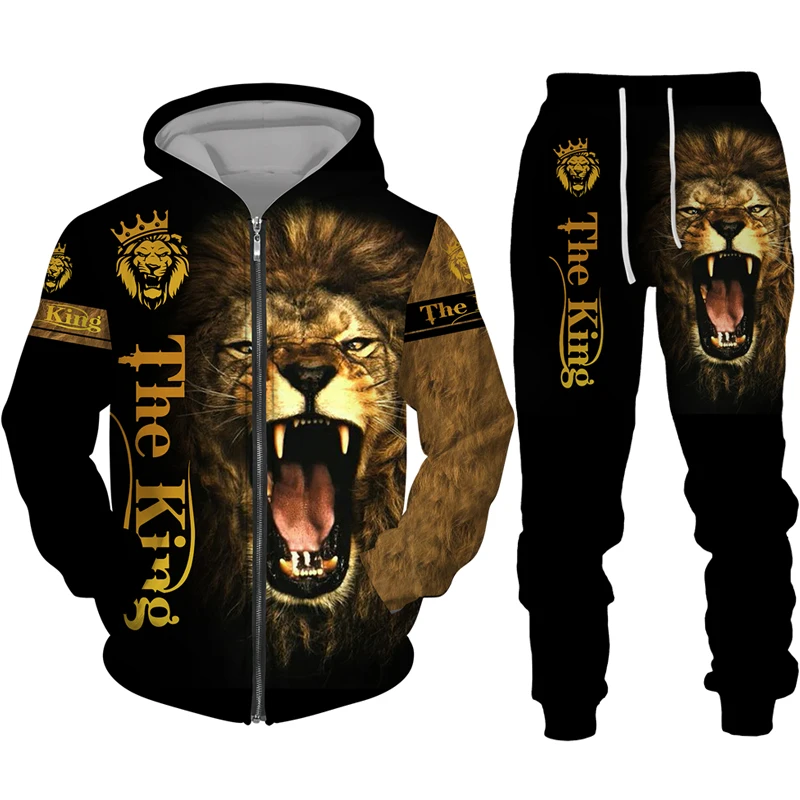 Spring and autumn men\'s zipper hoodie set 3D printed lion fashion sports casual men\'s zipper printed hoodie set fashion coat