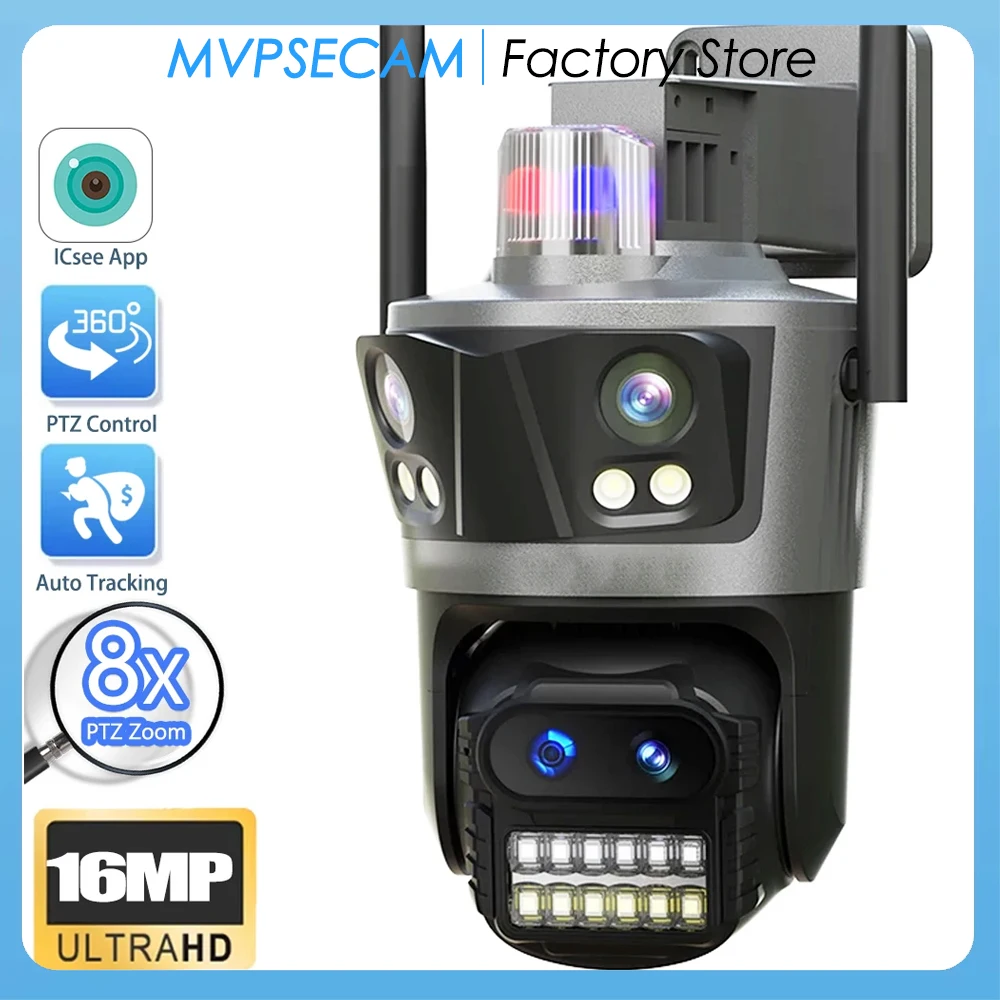 

16MP 8K WiFi IP Camera Outdoor 8x PTZ Zoom Four Lens Three Screen 360° AI Auto Tracking Home Security CCTV Surveillance Camera