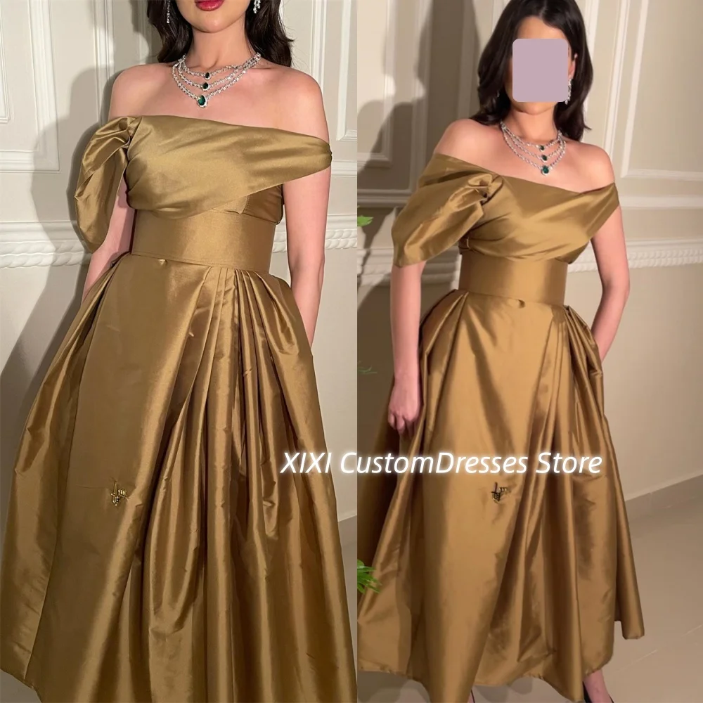 

Customize فساتين سهرات A-Line Off-The-Shoulder Floor-Length Dresses For Prom Ruffle Short Sleeves Zipper Up Dresses For Special