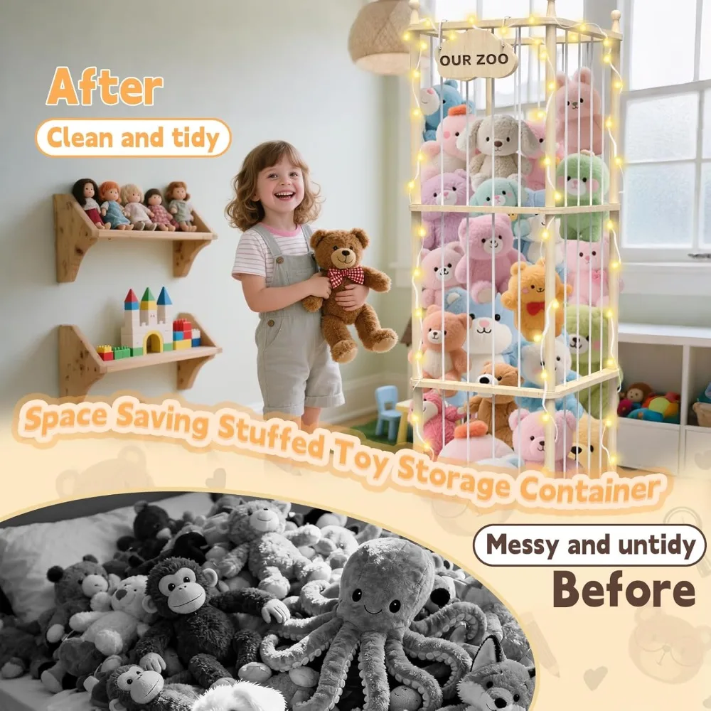 Large Wooden Plush Toy Storage Rack with Elastic Bands and Brake Wheels