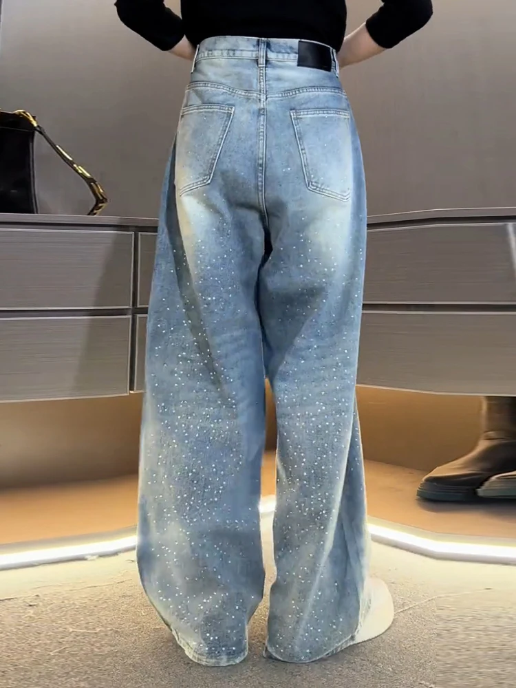 Männer 2025, Sommer Neue Amerikanische Stil Strass Jeans Männlichkeit Breite Bein Denim Hosen Lose Gerade Retro Lange Denim Hosen