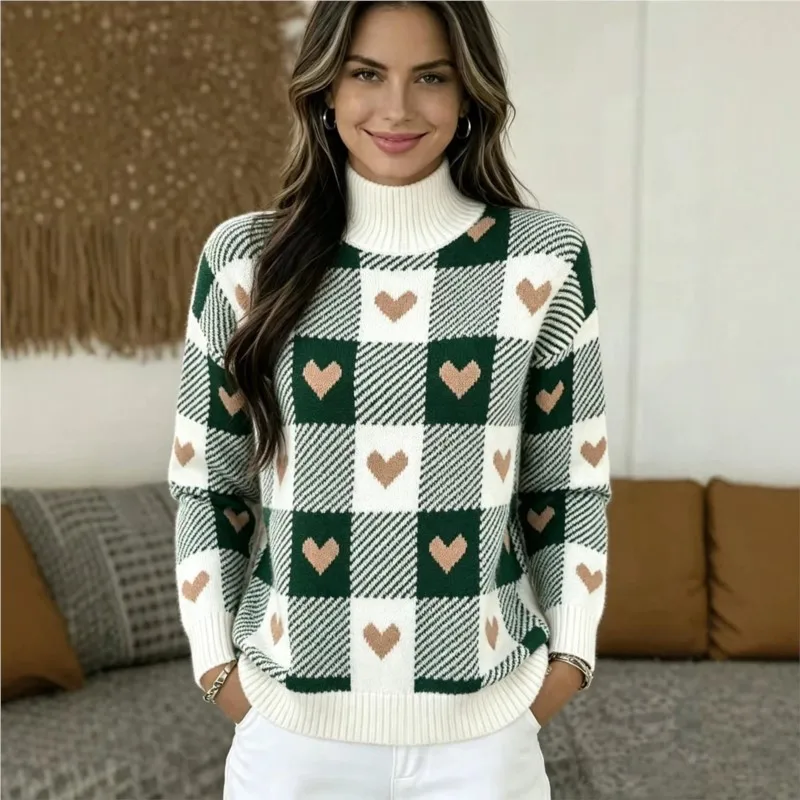 New Autumn Winter Fashion Half Turtleneck Plaid Heart Sweater Women's Loose Knitted Sweater Female Casual Daily Pullover Sweater