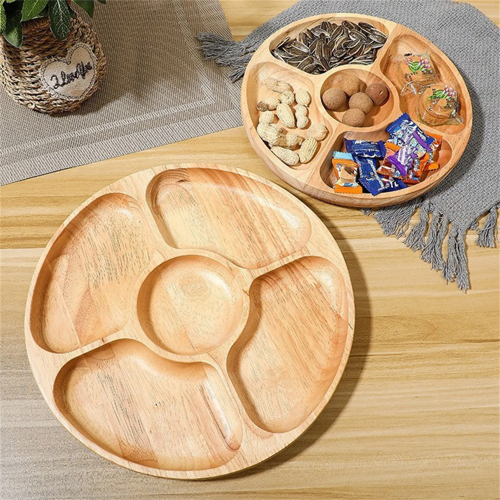 

Wooden Divided Serving Trays Food Serving Tray With 5 Dining Grids Round Serving Tray For Snack Candy Nuts Fruit Platter