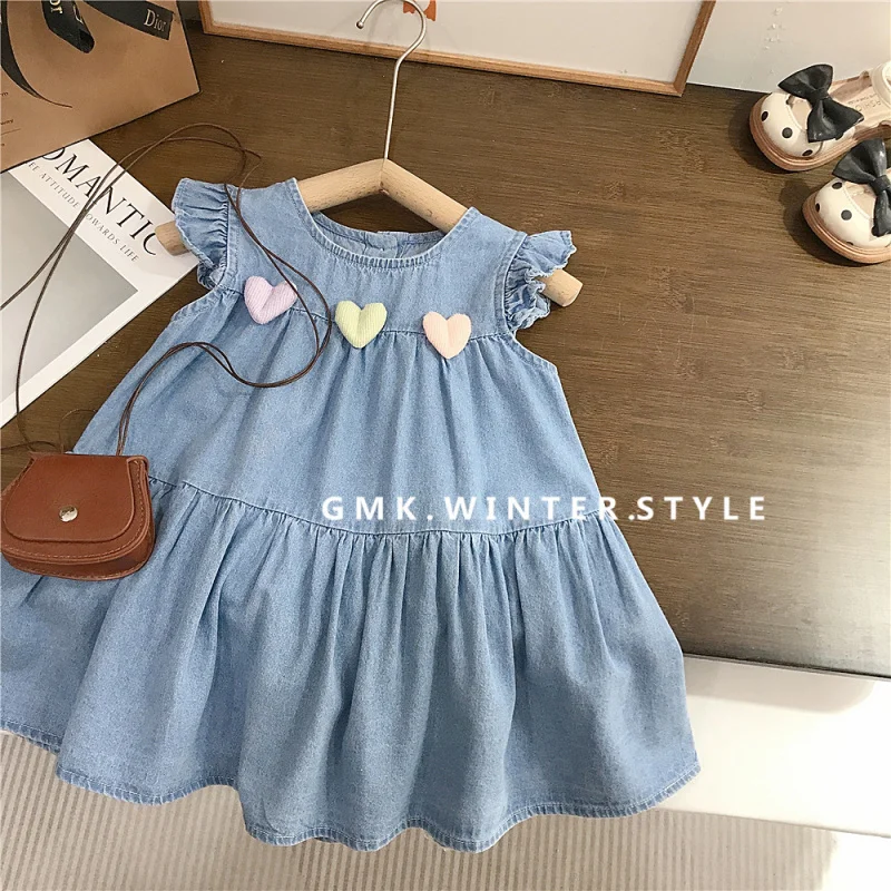 

Girls Baby Summer Denim Vest Dress Small and Medium-sized Children Cute Three-dimensional Love Heart Sling Dress Summer Dress