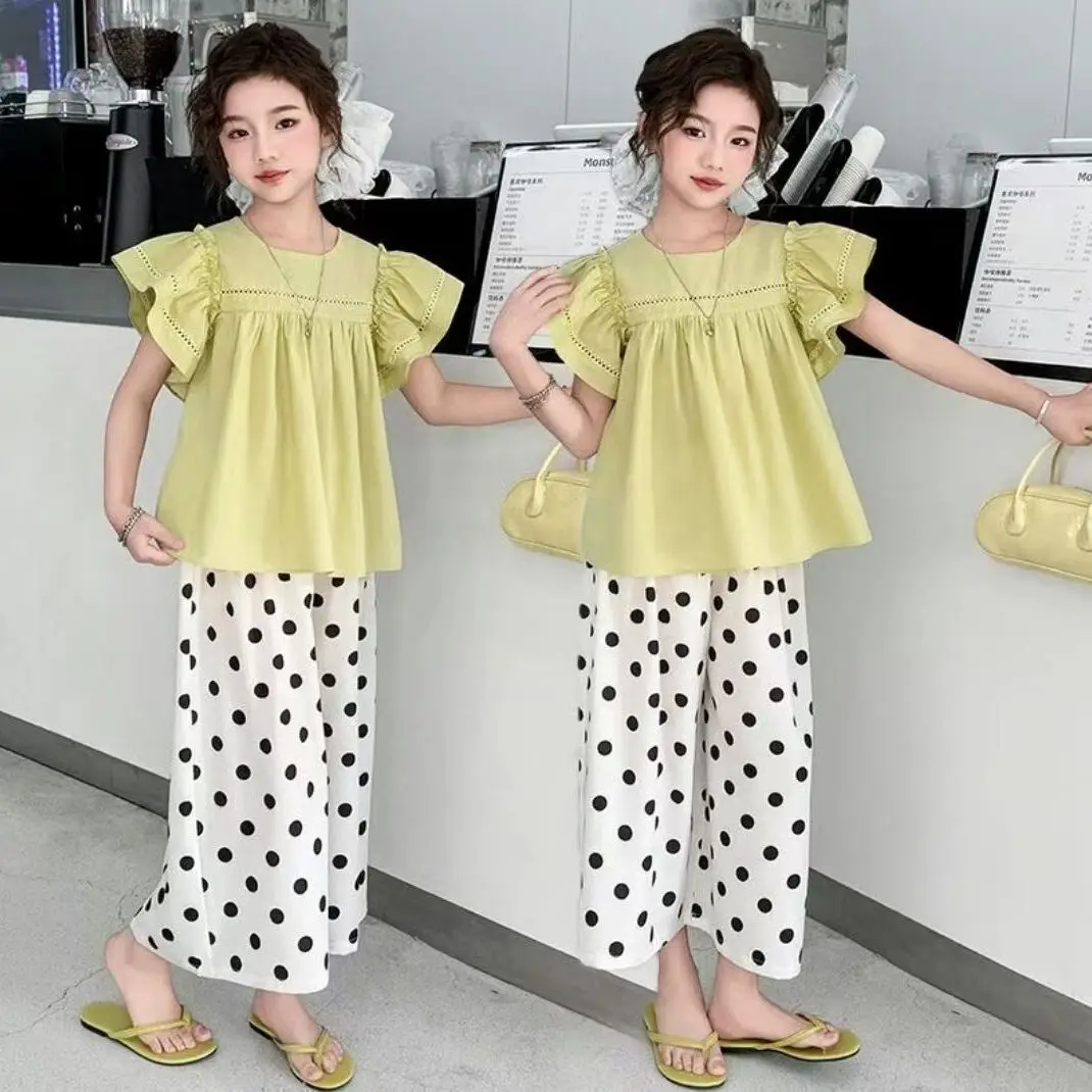 Girls Summer Stylish Middle Big Kids Flutter Sleeve Doll Dress Polka Dot Wide Leg Pants Two Piece Set Summer Complete