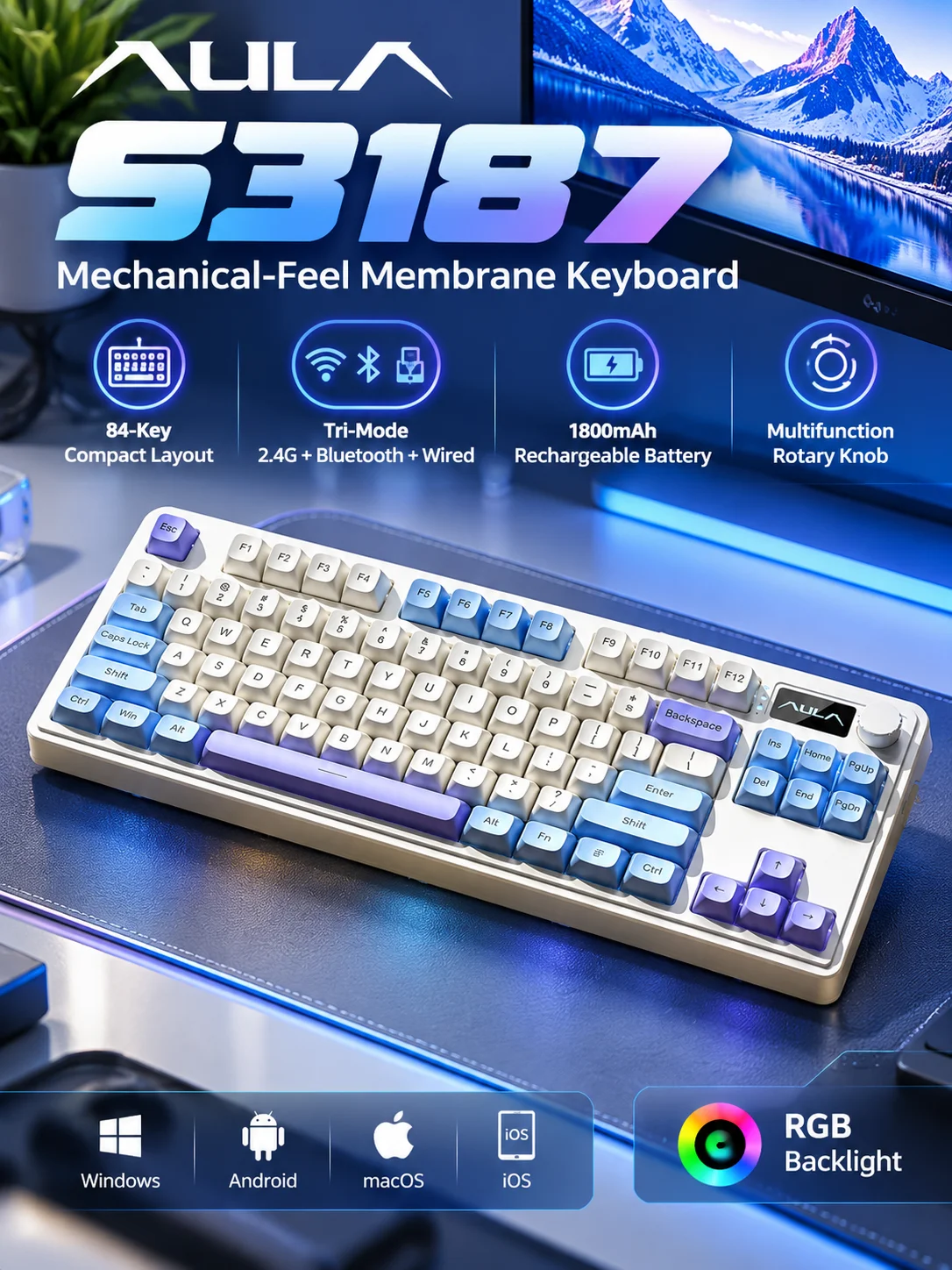 AULA S3187 Wireless Mechanical Feel Keyboard 84 Keys Tri Mode Bluetooth 2.4G USB-C RGB 1800mAh Gaming Keyboard