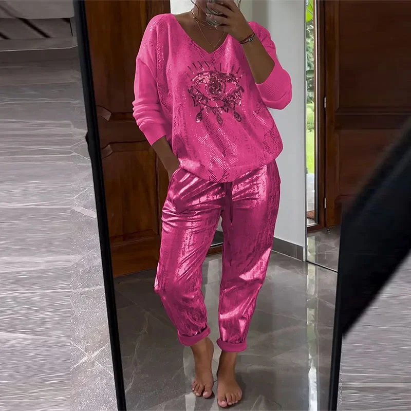 

Fashion Sequin Patchwork Two Piece Women's V-neck Long Sleeved Pullover and Long Pants Suits Autumn Office Pocket Outfits