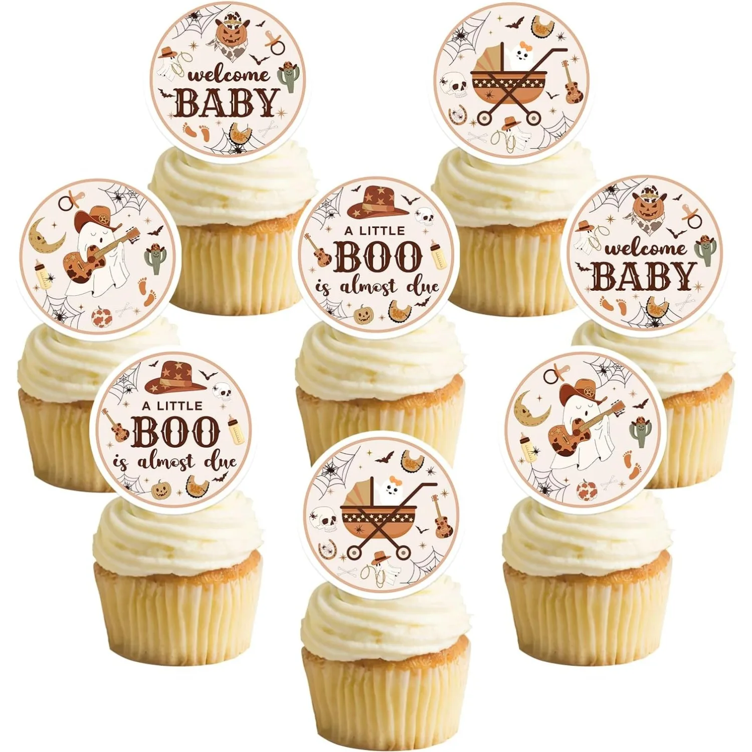 Sursurprise 24Pcs Halloween Western Cowboy Baby Shower Cupcake Topper Baby  for Cowboy Baby Shower Decor Supplies