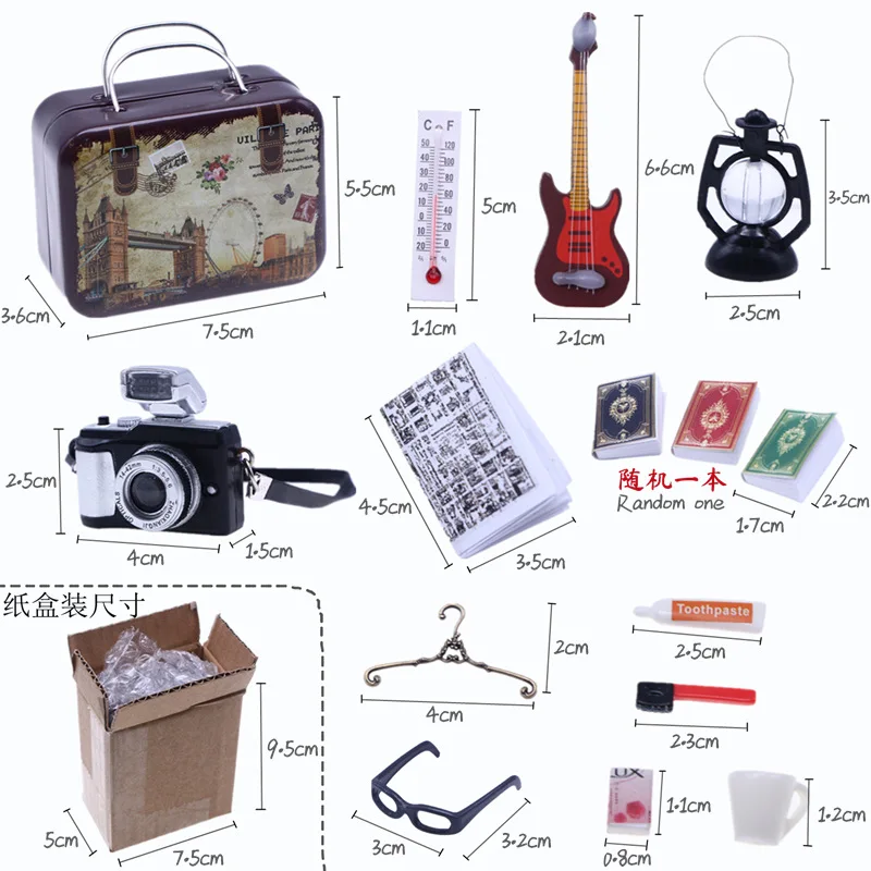 Doll House Vintage Travel Kit, Mini Tinplate Box BJD Life toiletries Books Thermometer Guitar