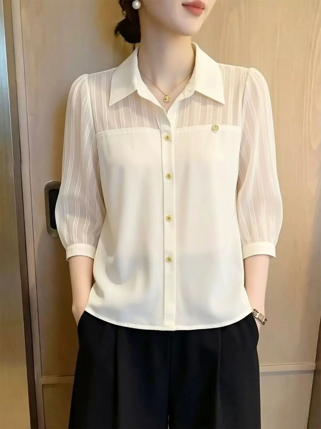 

Elegant Pure Color Neck Shirt Summer Commute Casual Chiffon Fashionable Women's Korean Style Straight Cut Silk Top