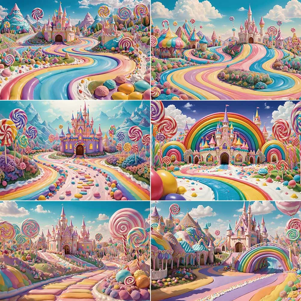 

MOON.QG Candyland Castle Children Birthday Party Backdrop Photo Zone Rainbow Color Candy Background Sign Studio Photocall Props