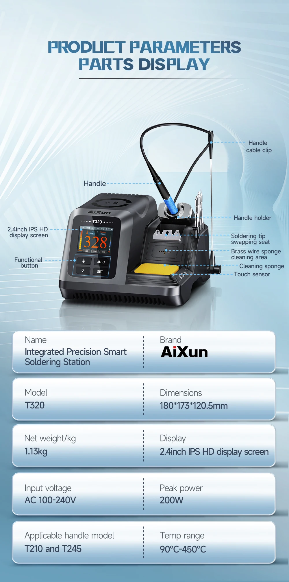 Estação de solda inteligente AIXUN, T320, 200W, tudo em um, sem botões, controle por toque, T245, T210, alça e pontas, PCB, ferramenta de reparo BGA