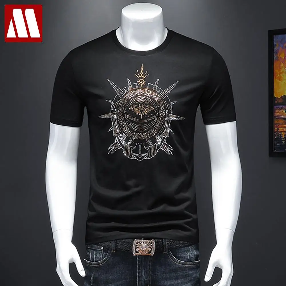 

Fashion Cotton Fitness T-shirt Men's Oversized Workout Tops Summer Brand Clothing Rhinestone Print Male Short Sleeve Casual Tees