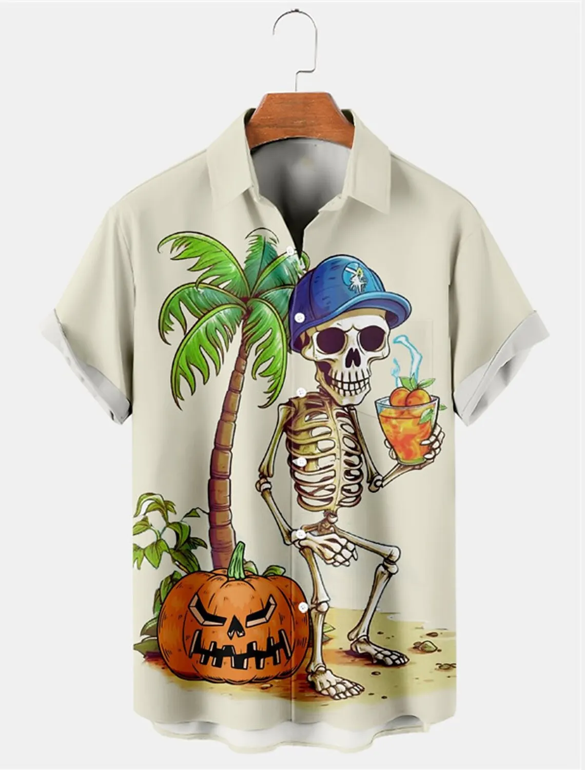 Men's Shirt Skull Coconut Tree Halloween Short Sleeve Print Outfit Fashionable Hawaiian Shirt Design Casual Men's Lapel Top