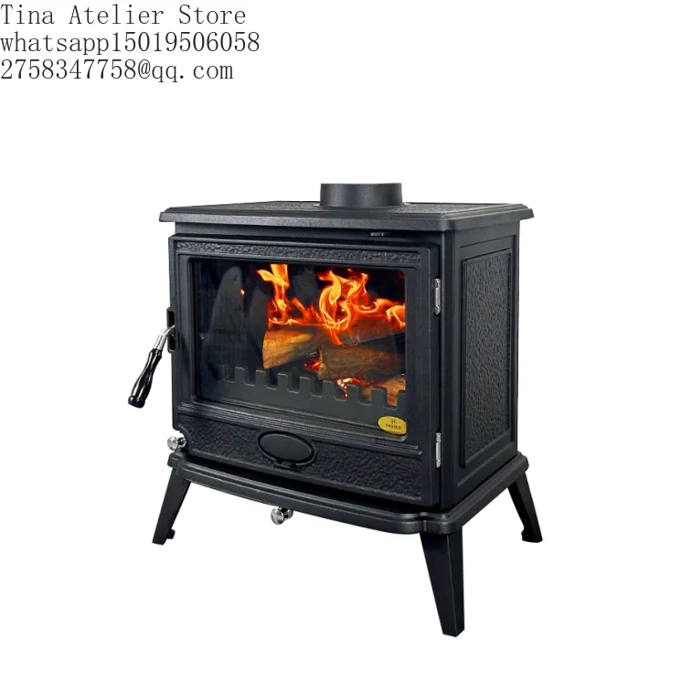 Freestanding Modern Cast Iron Wood-Burning Stove with Wooden Fireplace 90% Efficiency for Workshop Villa & Living Room Heating