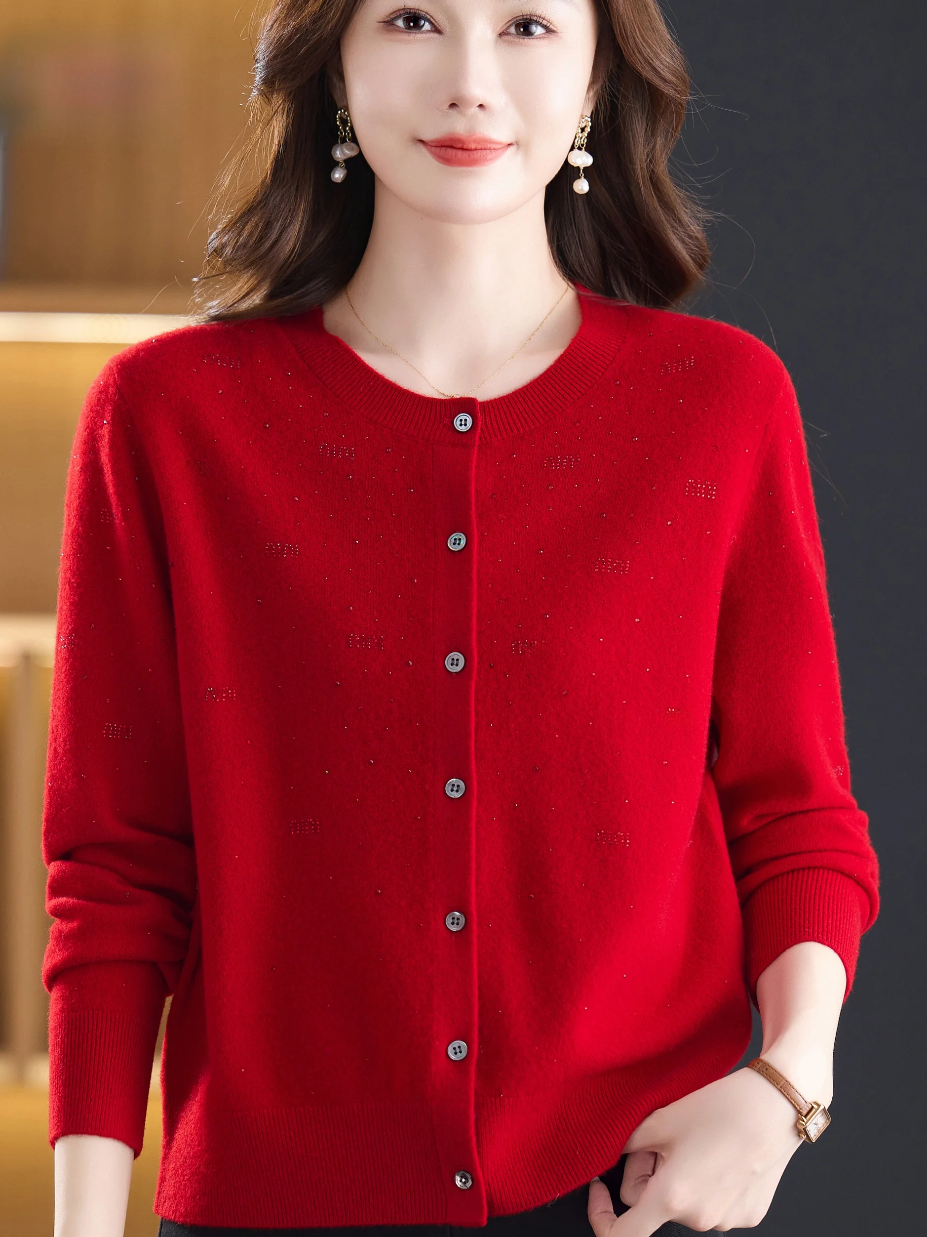 

Весенне-осенний легкий вязаный открытый кардиган из чистой шерсти, женский новый универсальный свитер средней среды Mom's Faion с принтом Jaet...