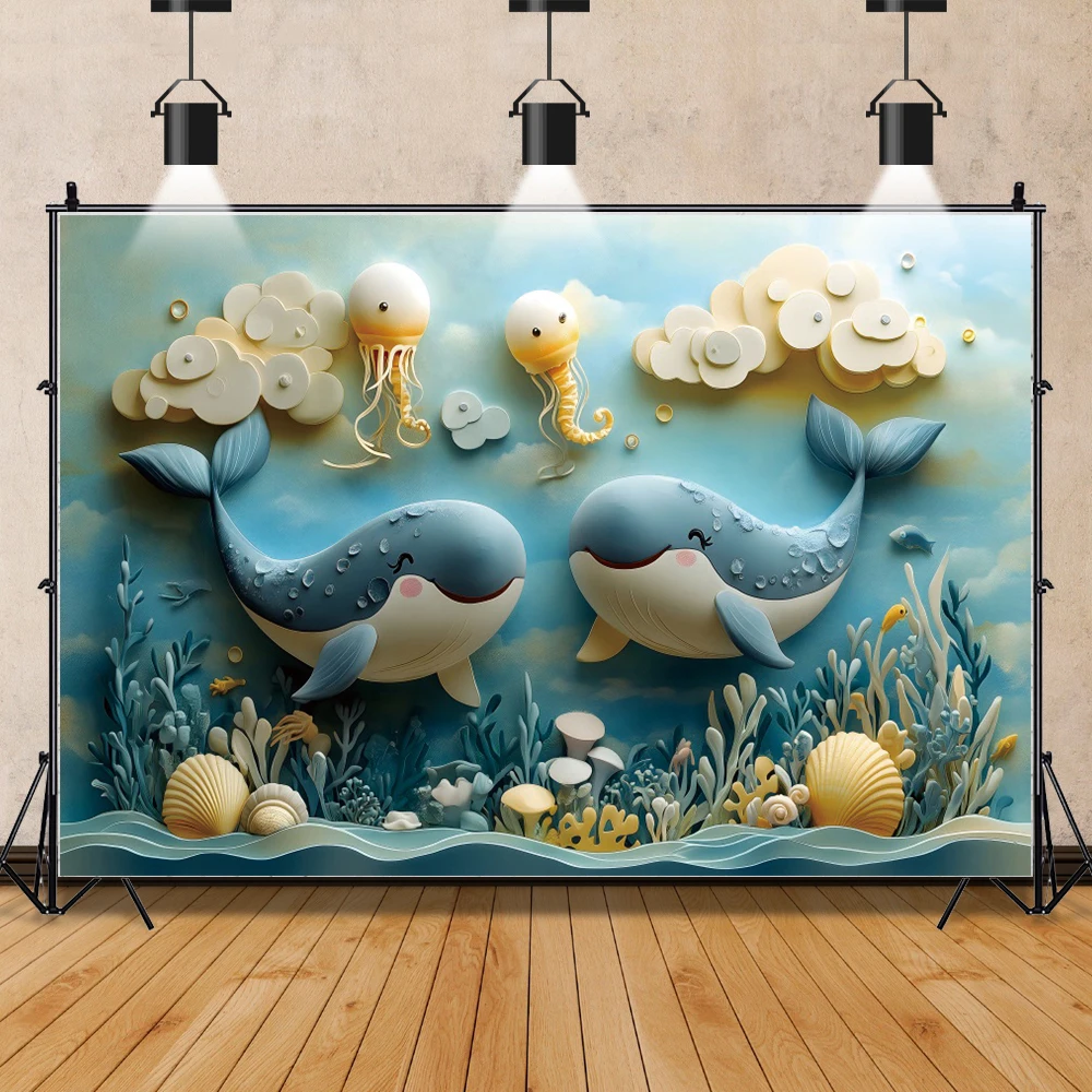 Fantasy Underwater World Photography Background 3D Balloon Whale Jellyfish Sea Princess Baby Birthday Party Photozone Backdrop