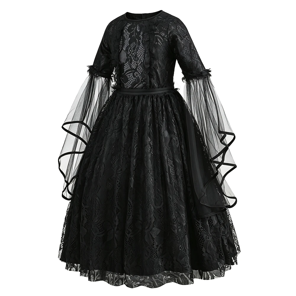 Kids Lace Trimmed Black Witch Costume Girls Dress for Halloween Carnival Cosplay Party Outfit