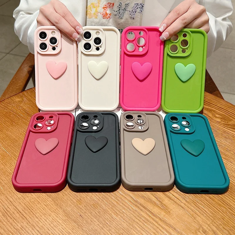 Cute 3D Love Heart Silicone Phone Case for iPhone 15 14 13 11 12 Pro Max Mini X XS XR 7 8 Plus SE 2020 Candy Matte Back Cover