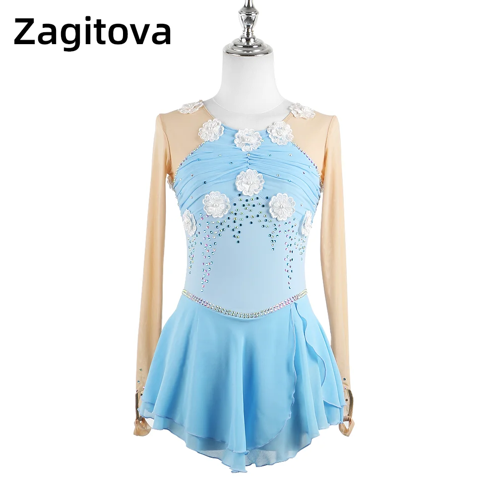 

ZAGITOVA Figure Skating Performance Dress Women Girls Ice Skating Skirt Lovely Princess Shining Diamonds Mesh Skirt Water Blue