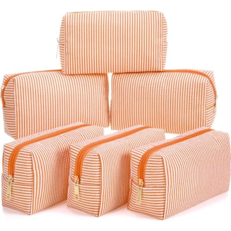 6 Pcs Seersucker Cosmetic Bags Bulk Seersucker Makeup Bags Stripe Women Pouch Large Preppy Storage Pouch Toiletry Travel for We