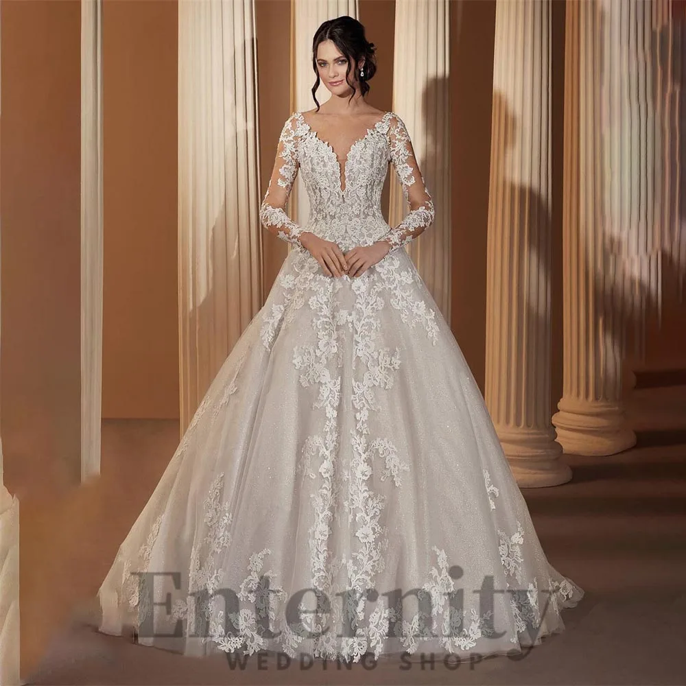 

Charming A Line Lace Applique Wedding Dress Sexy Button Floor-length V-neck Long Sleeve Bridal Gown 2024 Vestidos De Novia