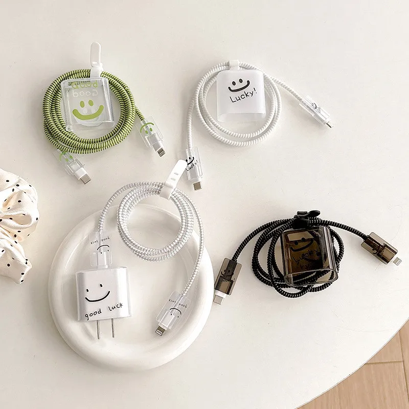 Green Happy Face Charger Protection Cover For iPhone 20W 18W Charging Head Cable Management Cord Winder Kit