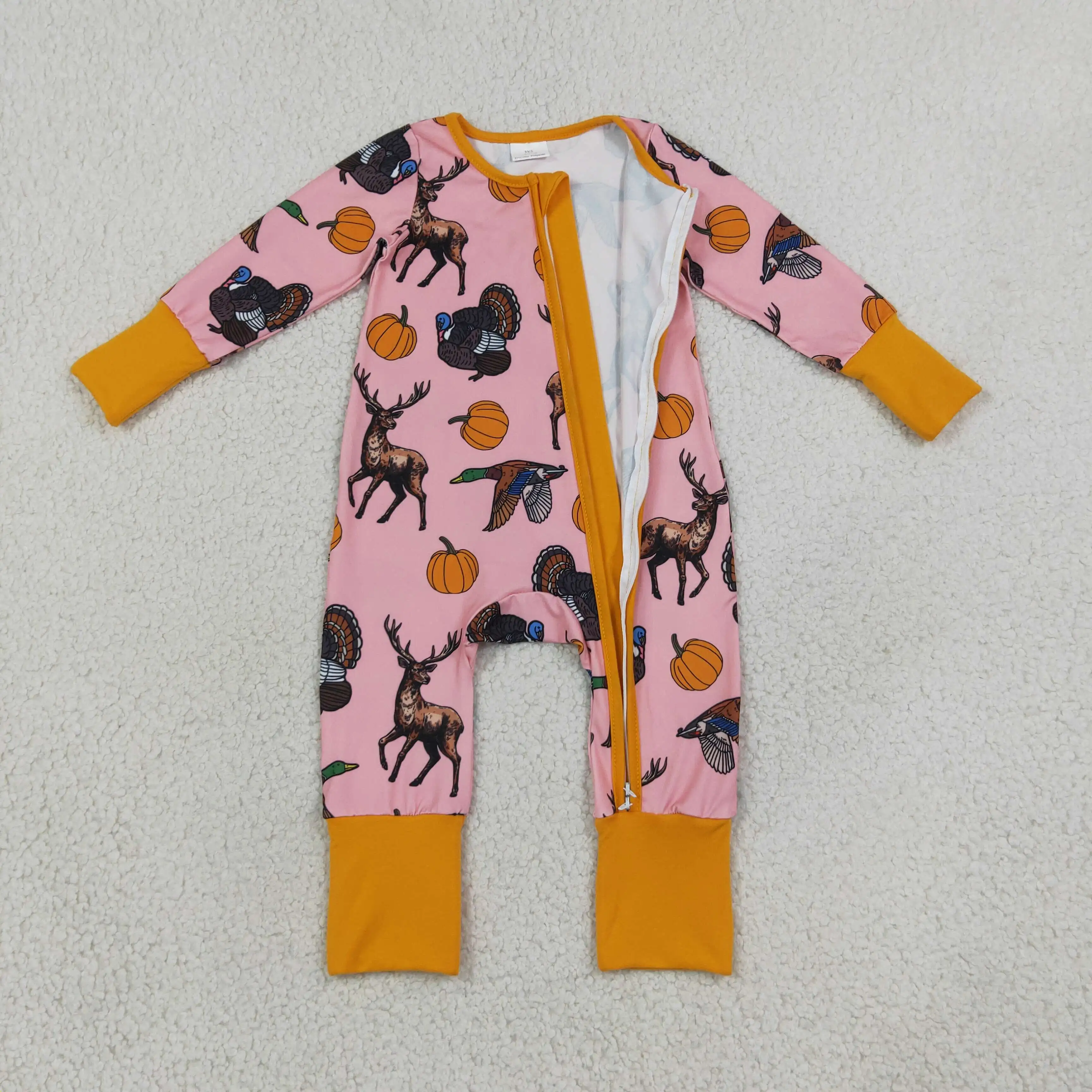Wholesale Children Girls Zipper Footie Romper Baby Girl Pumpkins turkey Deer Thanksgiving Kids Toddler Newborn Bodysuit