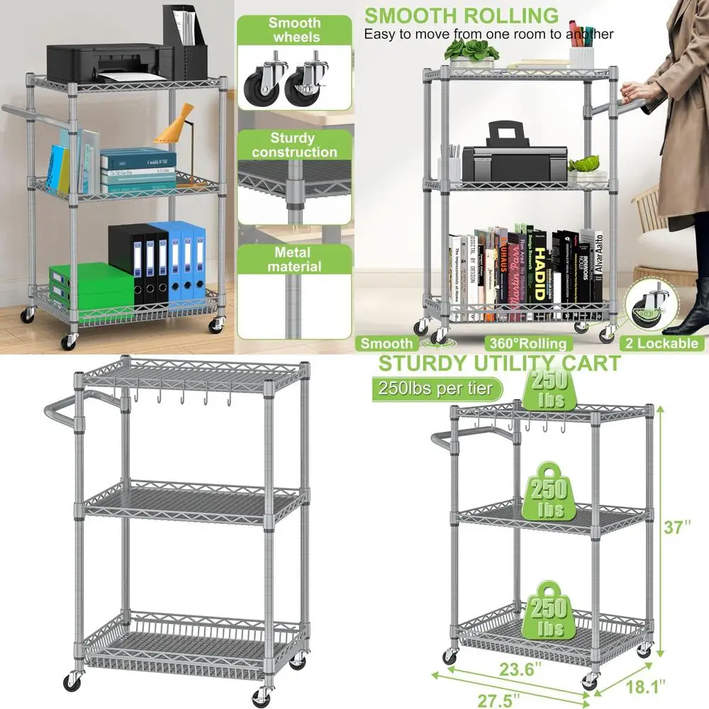 

Heavy-Duty 3-Tier Rolling Cart - 750 lbs Capacity, Adjustable Metal Kitchen Organizer with Wheels for Commercial Use