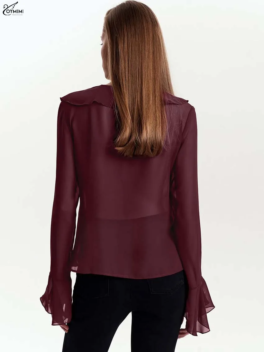 Oymimi Moda Camicia da donna sottile nera Elegante manica lunga con volant Camicette con lacci Estate Nuove camicette traslucide solide Donna