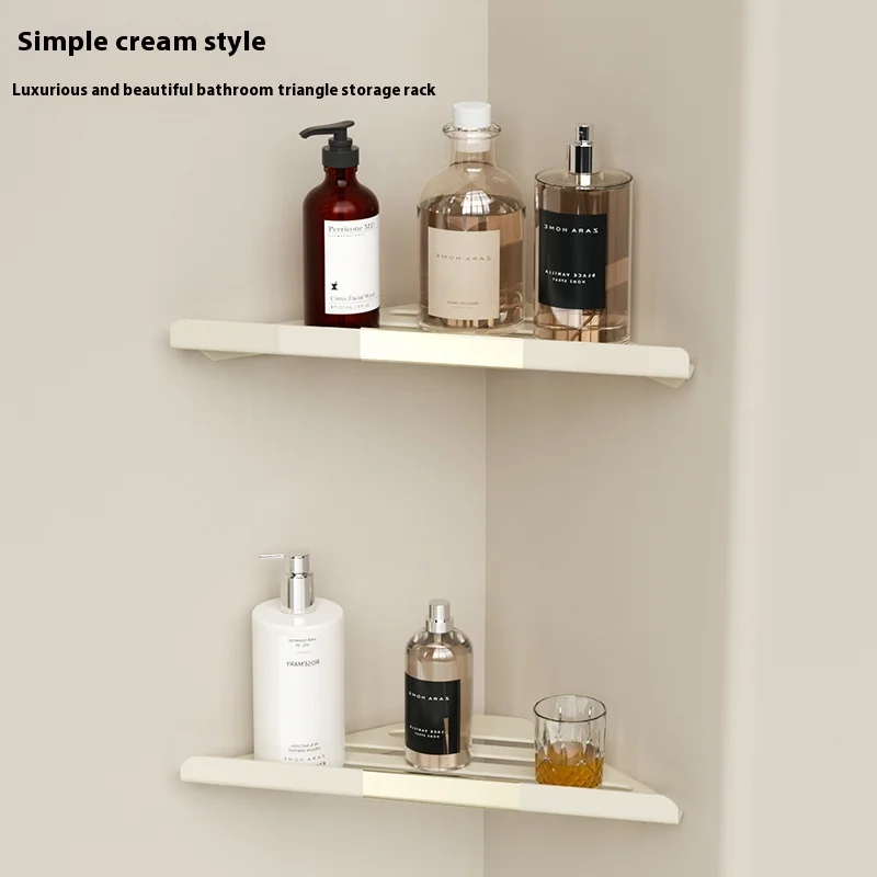 

Bathroom Storage Rack Angle Bracket Double Layer Non Perforated Wall Mounted Cream Style Bathroom Corner Stainless Steel Tripod