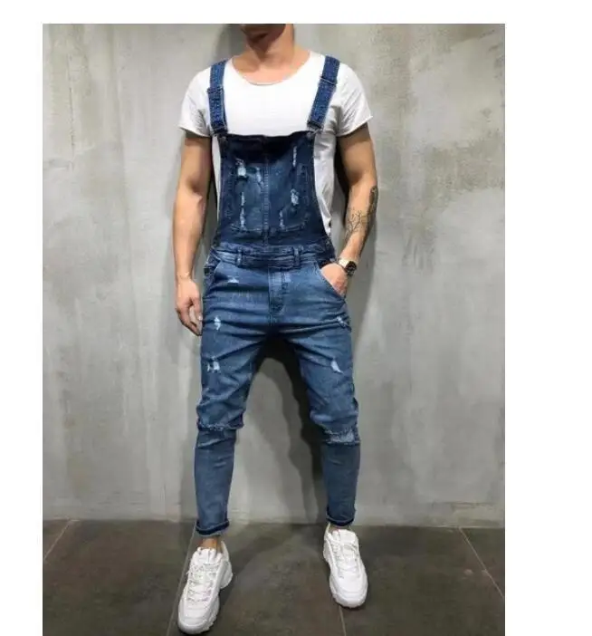 Men Jeans Overalls High Street Ripped Denim Jumpsuits Hip Hop One Piece Cargo Pants Cowboy Male Pockets Hole Suspenders 2024