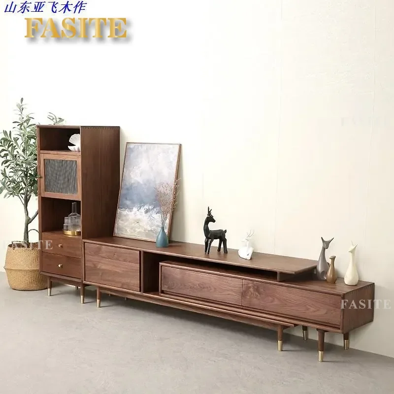 Nordic Simple Modern Black Walnut Telescopic TV Cabinet Solid Wood Light Luxury Combination Full Wall Integrated Floor