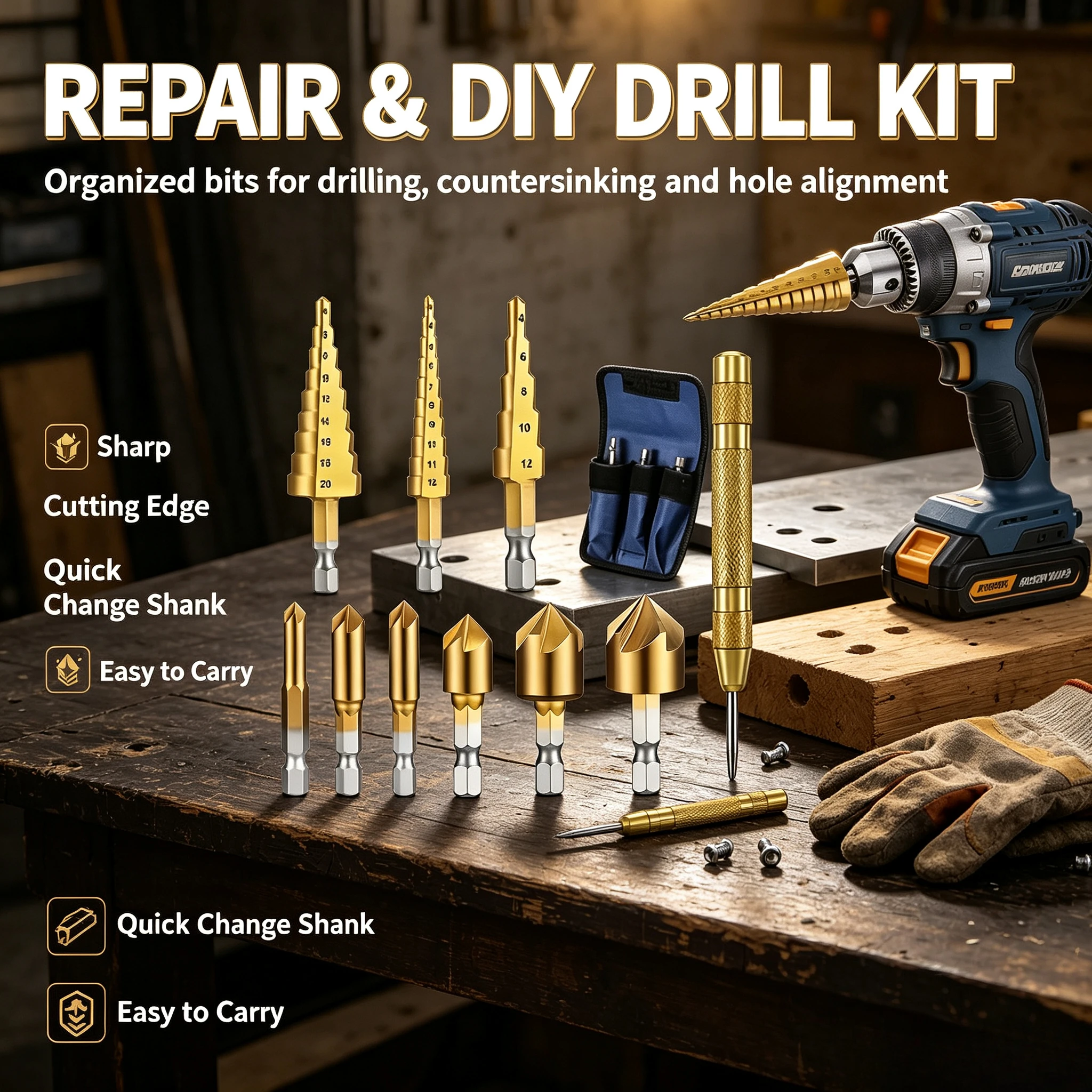 3-12Pcs HSS Straight Groove Step Drill Bit Set, Titanium Coated Hole Cutter for Wood and Metal