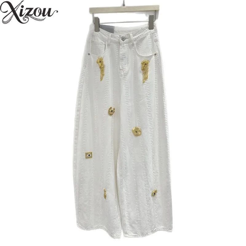 

American Retro Metallic Jacquard Denim Jeans Metal Buckle Pin Decor Loose Straight Wide Leg Trousers Washed Pant Women 2026