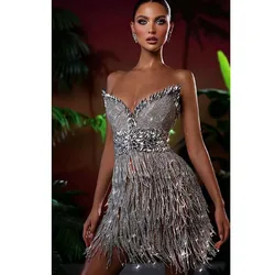 Heavy Industry Super Flash Rhinestone Tassel Tube Top Ultra Short Dress Luxury the Dinner Party Performance Dress