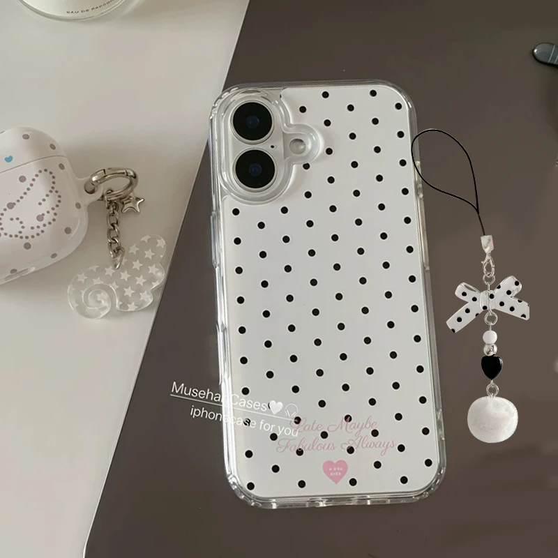 Funda de teléfono coreana Ins Fresh Retro con lunares en blanco y negro y letras rosas para iPhone 17 16 15 14 13 12 11 Pro Max Plus Y2K