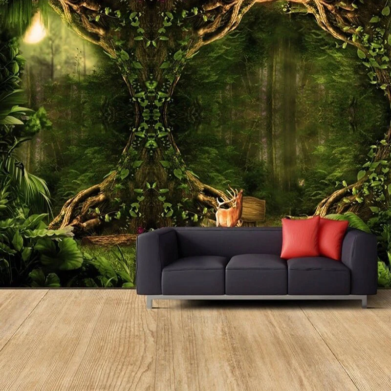 Simple elegant and dreamy large forest jungle TV luxurious home decoration bedroom background wall painting paper