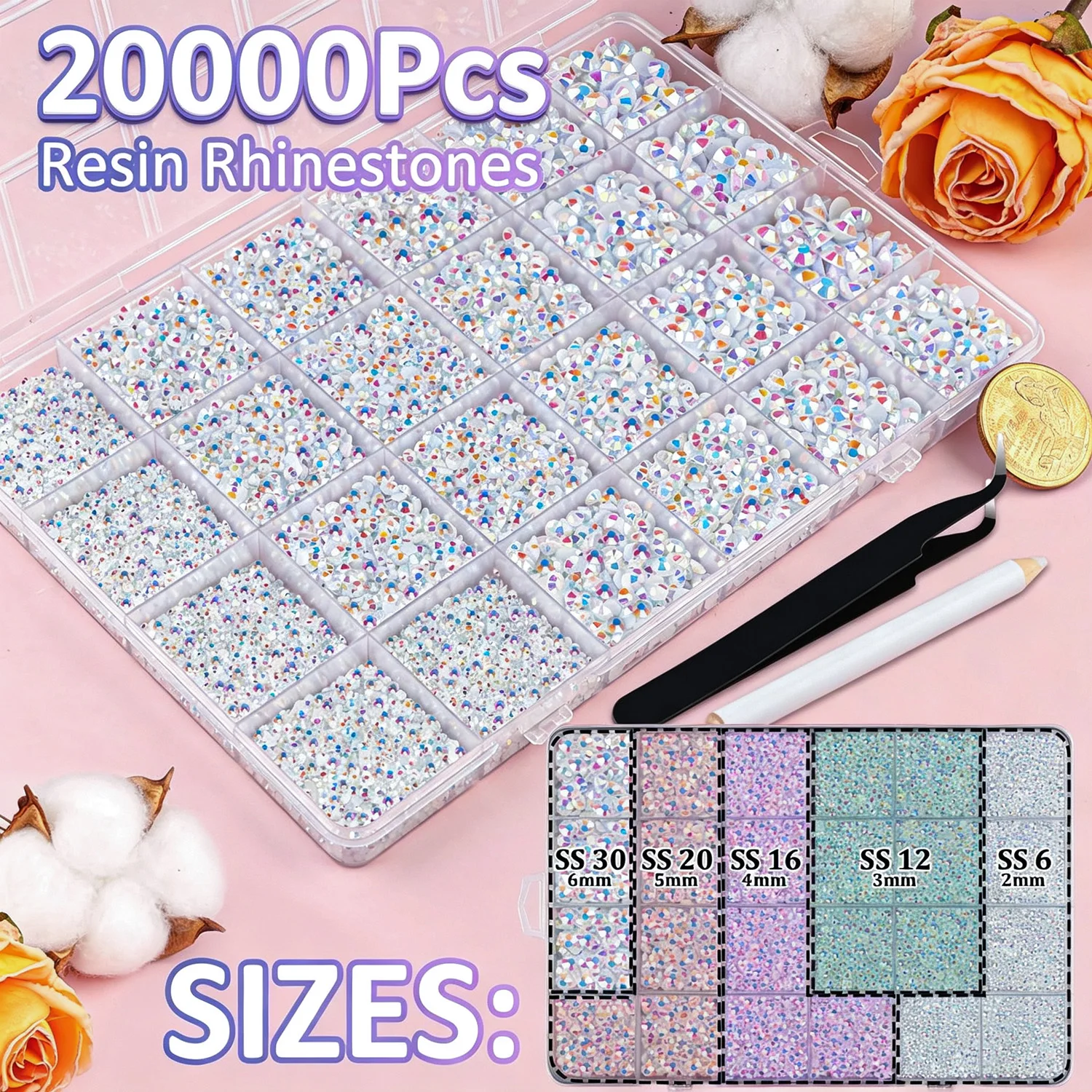 20000PCS White AB Resin Flatback Rhinestones, AB Color 2-6mm Non Hotfix Craft Nail Gems with Pick Pen Tweezers Spoon Trays